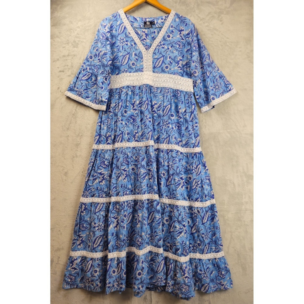 Madison Mathews Folly Floral Blue Tiered Maxi Dress Medium Flowy Cottage Boho